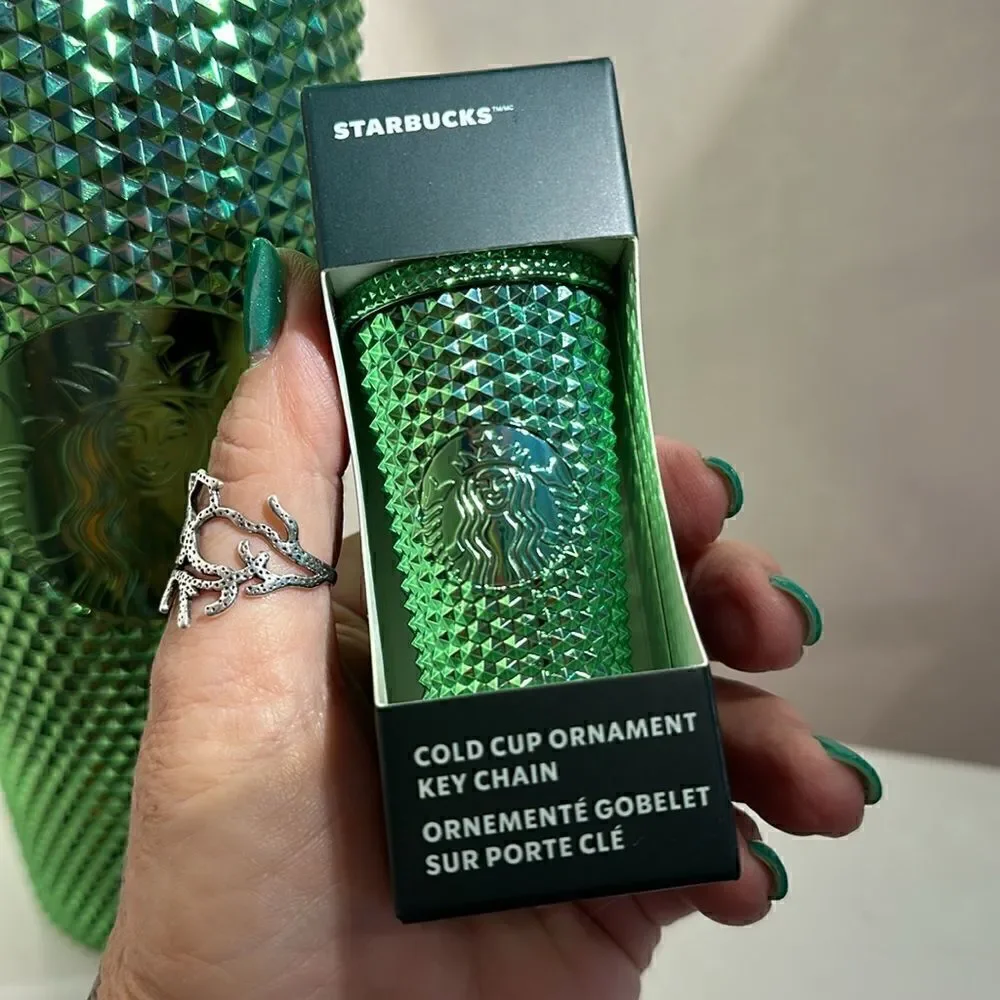 Starbucks 24oz Reusable Green Studded Tumbler and Key Chain Ornament